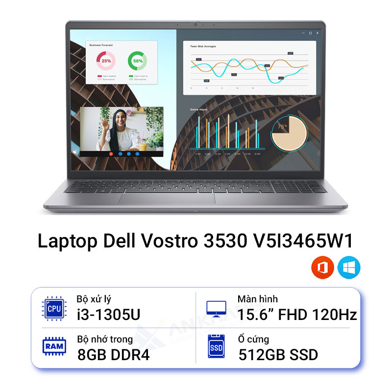 Laptop Dell Vostro 3530 V5I3465W1 (Intel Core i3-1305U | 8GB | 512GB | Intel UHD | 15.6 inch FHD | Win 11 | Office | Xám)